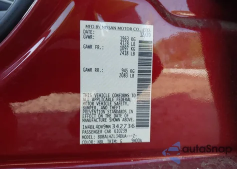 2021 Nissan Altima Sv Fwd from USA, damaged, VIN 1N4BL4DV9MN342736